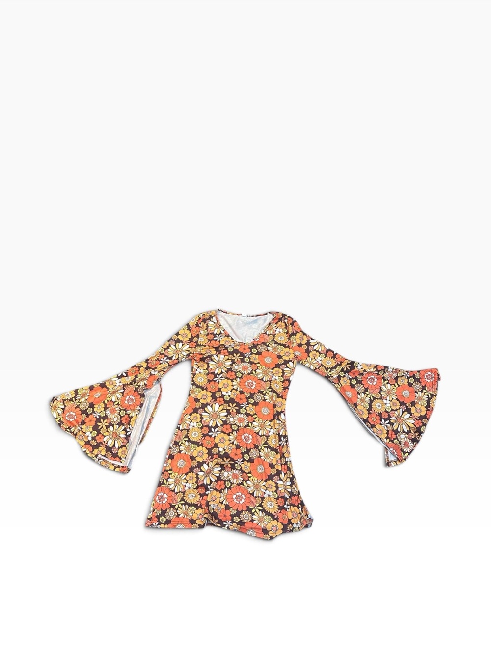 Women’s Medium Retro 70s Floral Bell Sleeve Mini Dress Groovy Mod